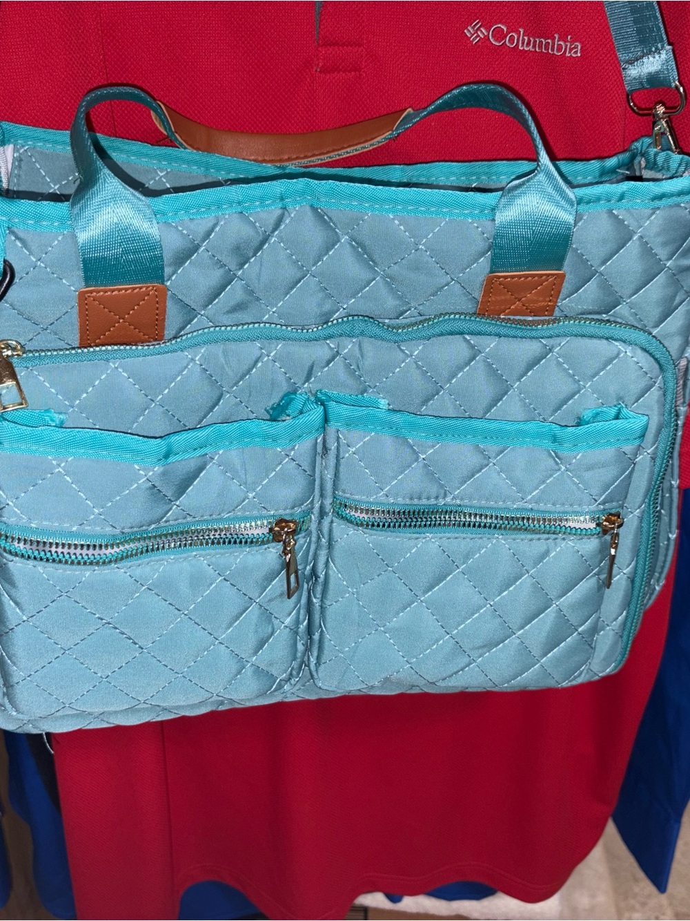 Columbia Quilted Light Blue Tote Bag with Front Pockets
